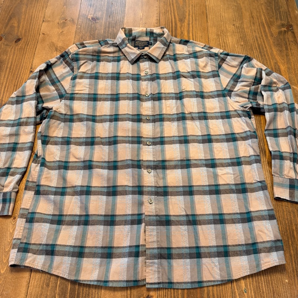 Pendleton Flannel Shirt Mens 2XL Plaid Brown Blue Cotton Outdoor XXL